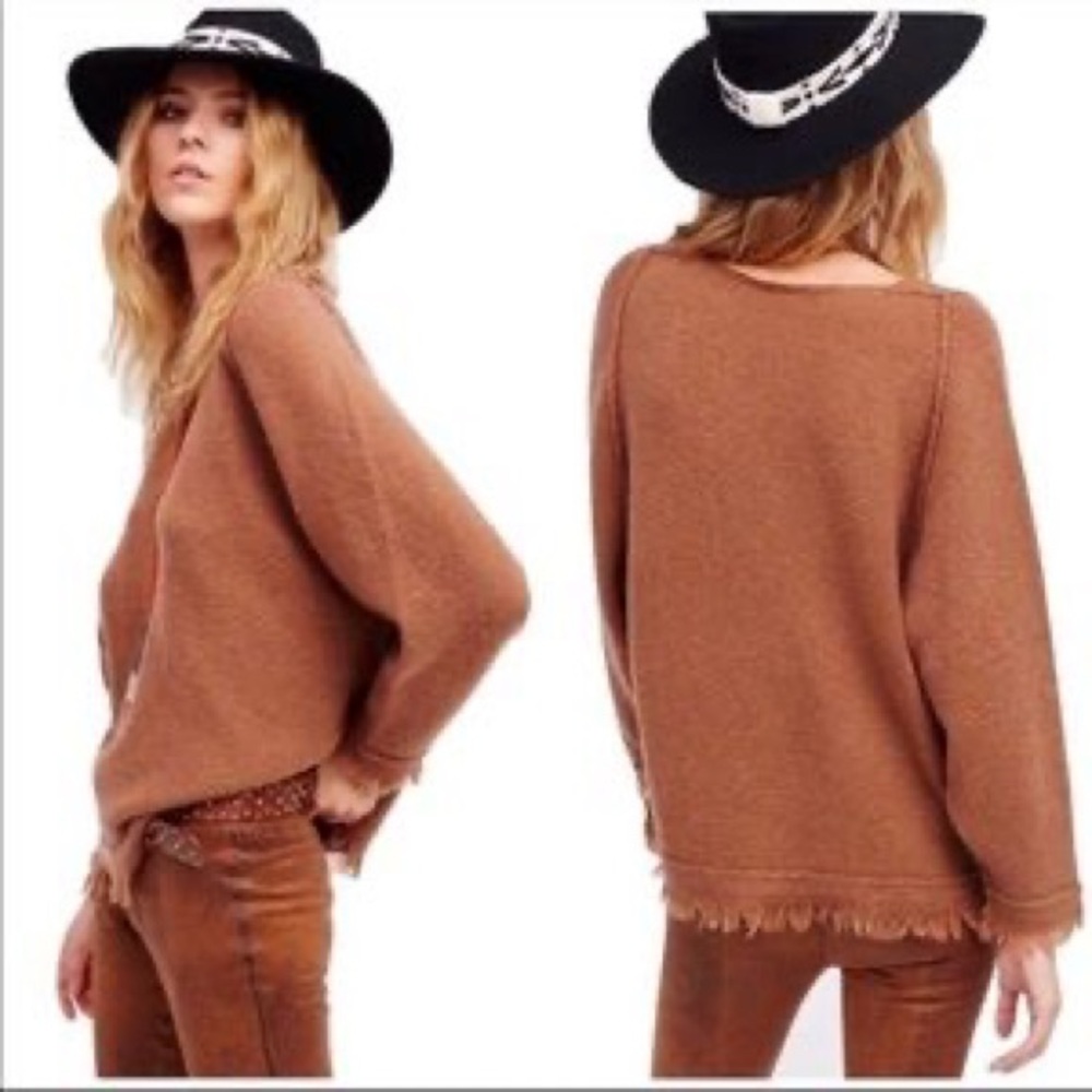 Free People V Fringe Pullover Sweater in Terracotta - Picture 1 of 3